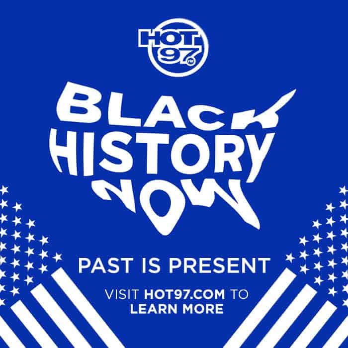 HOT 97 Black History Now (in shape of USA) Past is Present with white American Flags on blue background