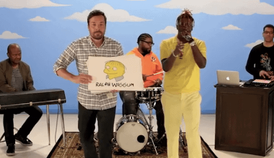 Screenshot from video of Lil Yachty rapping about the Simpson on the Tonight Show with Jimmy Fallon and members of the Roots