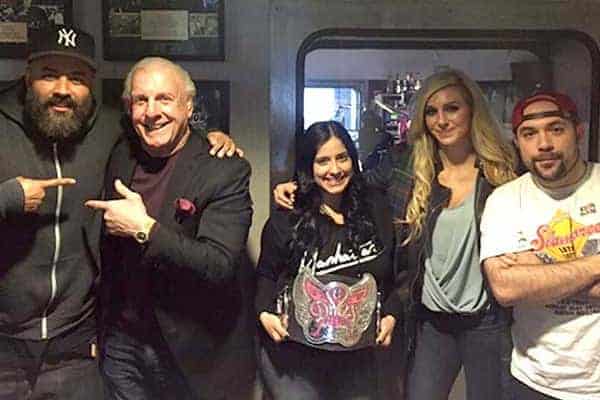 Ebro Ric Flair Laura Styelz Charlotte Flair and Rosenberg in Hot 97 Studio