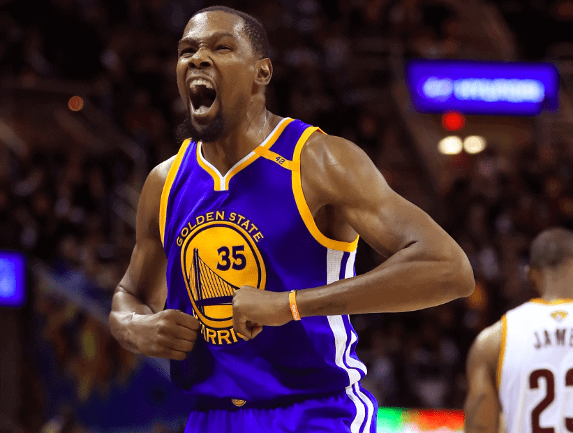 Kevin Durant #35 of the Golden State Warriors reacts against the Cleveland Cavaliers during Game 3 of the 2027 NBA Finals