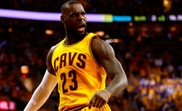 LeBron James #23 of the Cleveland Cavaliers reacts after a play during Game Four of the 2015 Eastern Conference Finals