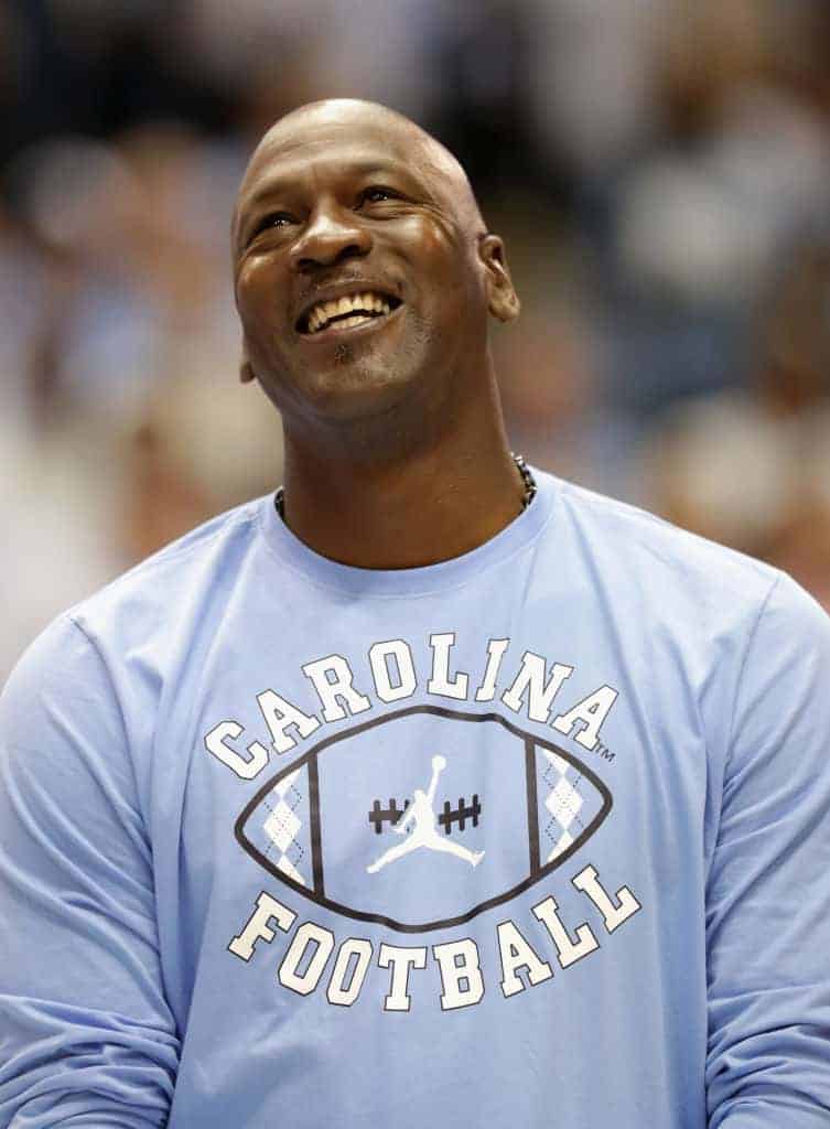 Michael Jordan speaks to the crowd at halftime during their game against the Duke Blue Devils at the Dean Smith Center 3/4/17