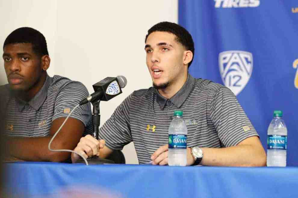 Liangelo Ball and Cody Riley of the UCLA Men's Baskeball team speak to the media during a press conference at Pauley Pavilion