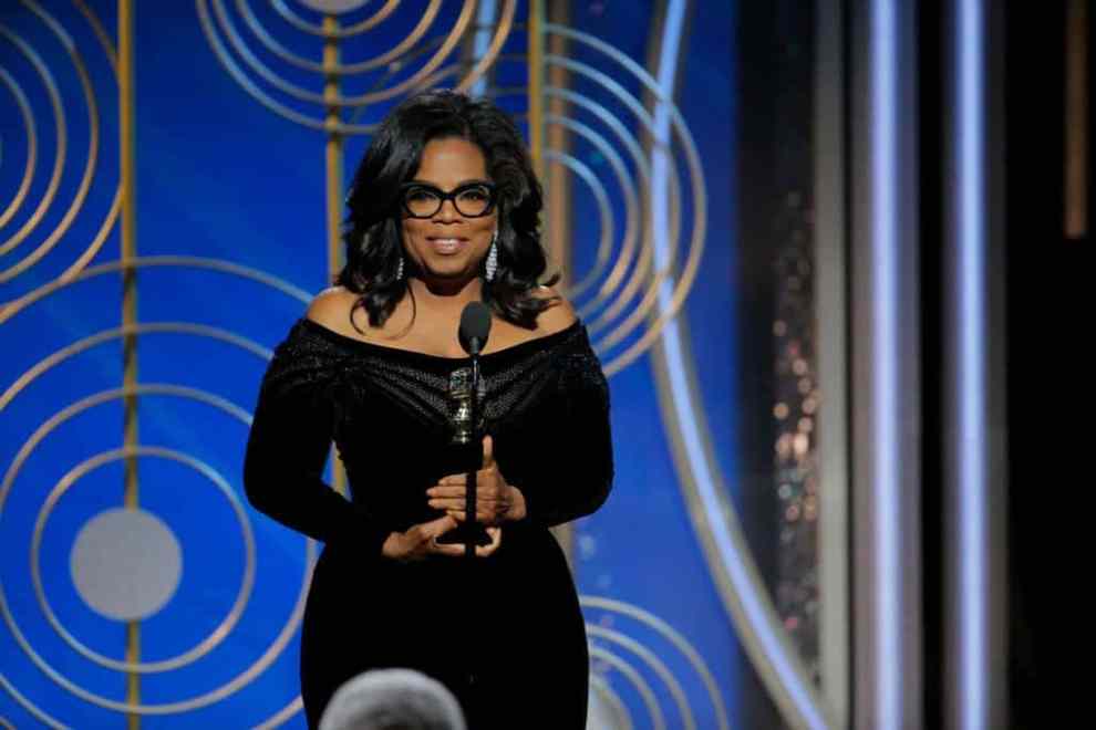 Oprah accepting the the Cecil B. DeMille Award for lifetime achievement at the 2018 Golden Globe Awards