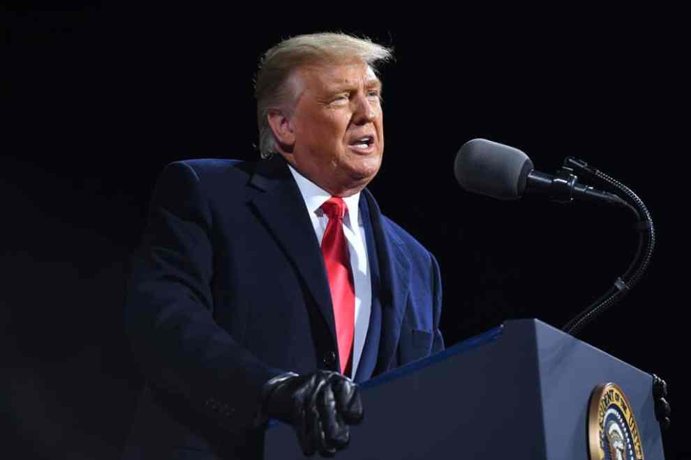 US President Donald Trump speaks during a rally at Williamsport Regional Airport in Montoursville