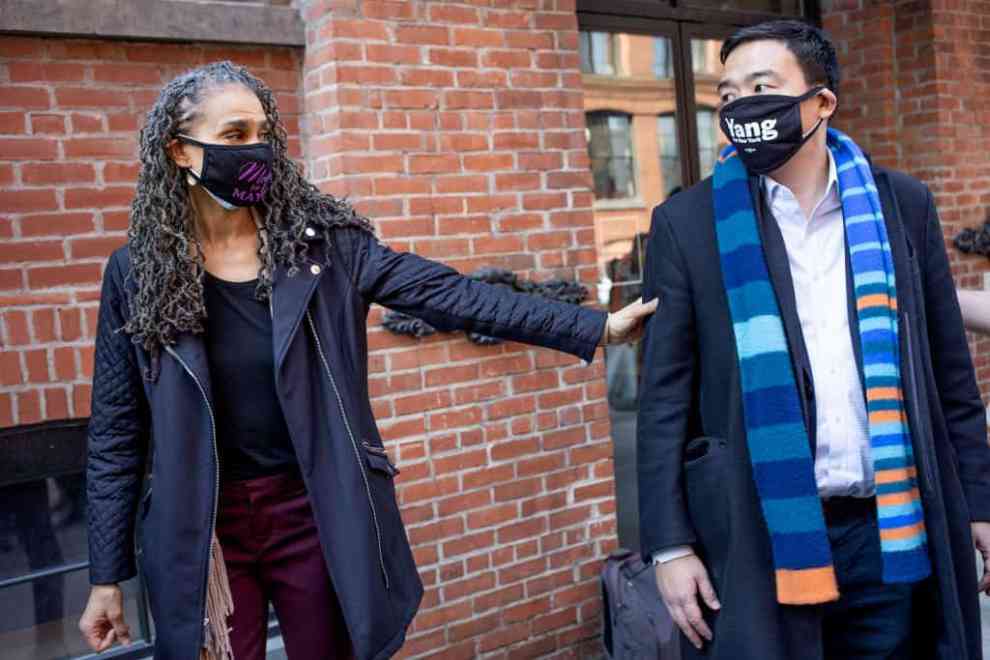 Maya Wiley next to Andrew Yang at Freelance Union Endorsement Ceremony