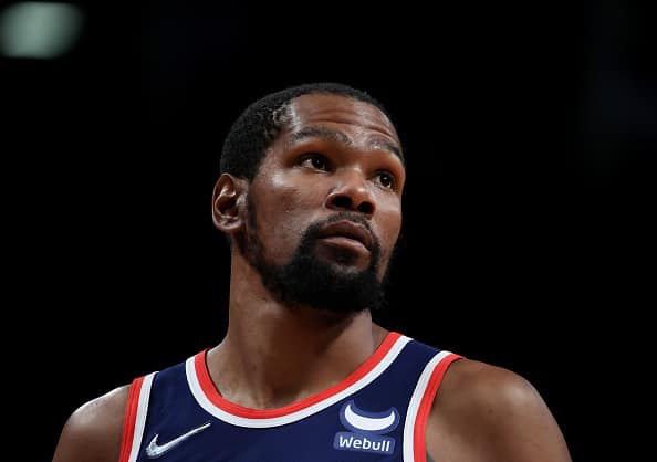 Kevin Durant #7 of the Brooklyn Nets looks on against the Cleveland Cavaliers during their game at Barclays Center on November 17