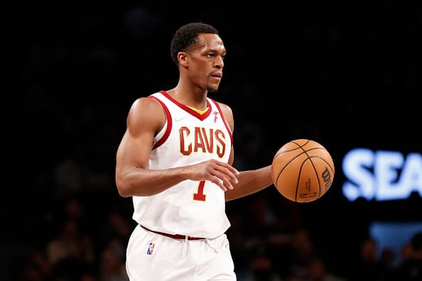 Rajon Rondo #1 of the Cleveland Cavaliers dribbles during the second half of the Eastern Conference 2022 Play-In Tournament against the Brooklyn Nets at Barclays Center on April 12