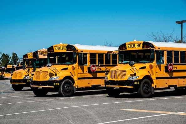 A row of school buses.
