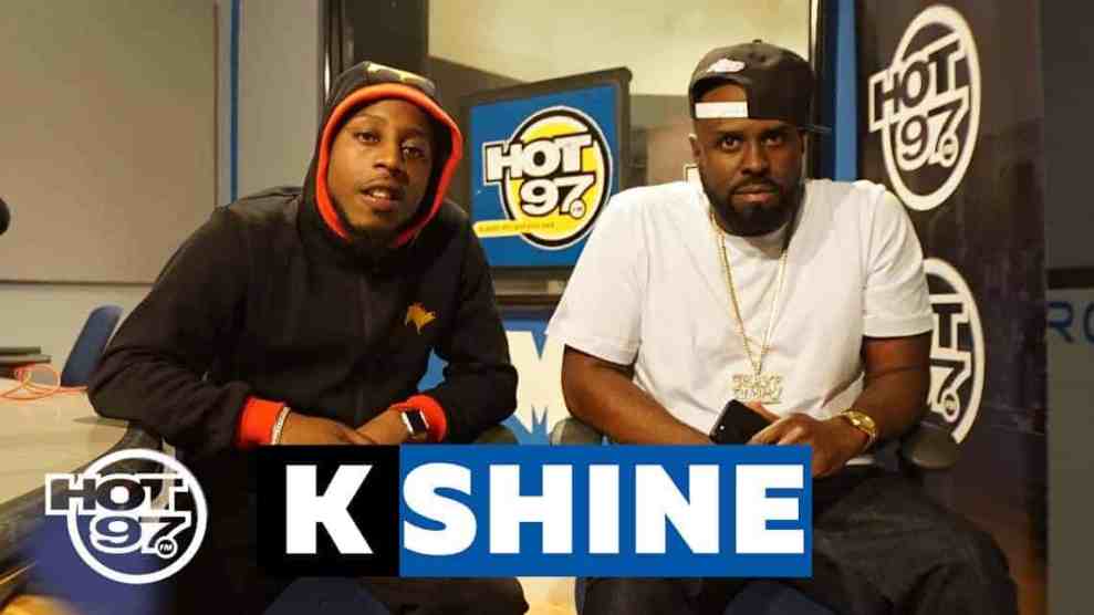 Funk Flex in white t shirt blue hat backwards Rapper KShine in black hoodie with red outline on Hot 97 Funk Flex Feestyle113
