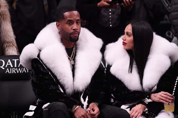 Safaree Samuels and Erica Mena attend the game between the Utah Jazz and the Brooklyn Nets at Barclays Center