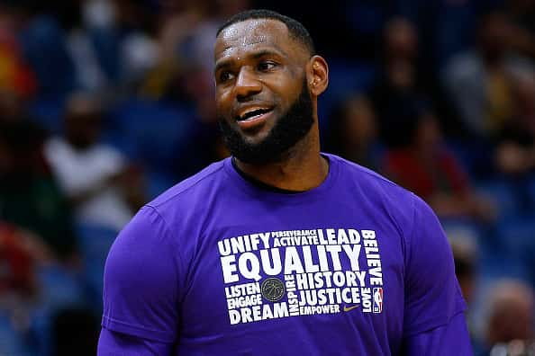 LeBron James #23 of the Los Angeles Lakers reacts against the New Orleans Pelicans at the Smoothie King Center on February 23