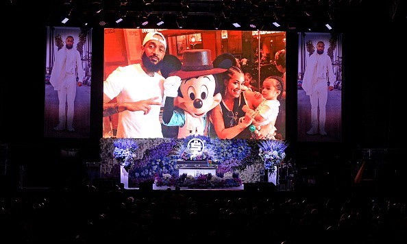 All images taken by Getty Images inside the Staples Center at Nipsey Hussle's Celebration of Life have been reviewed and approved for distribution by Atlantic Records) Photos are displayed during Nipsey Hussle's Celebration of Life at STAPLES Center on April 11
