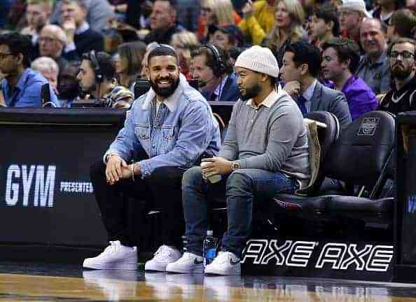 Singer Drake looks on from his court side seats during the first half of an NBA game between the Phoenix Suns and the Toronto Raptors at Scotiabank Arena on February 21
