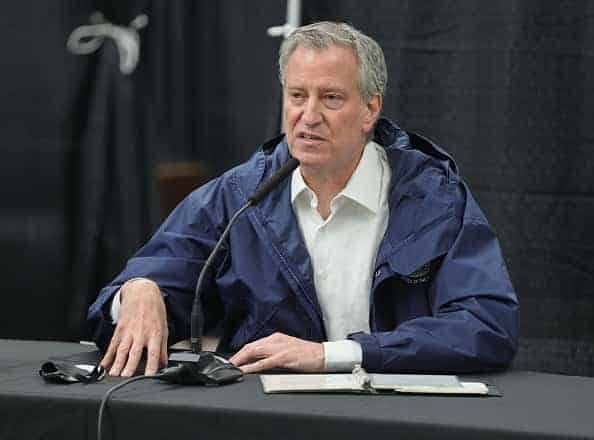 Mayor Bill de Blasio greets healthcare workers and conducts a press conference at the USTA Billie Jean King National Tennis Center