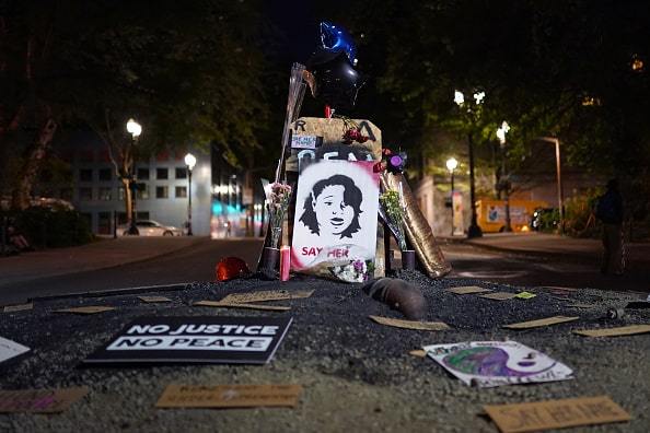 A memorial to Breonna Taylor is seen here during a Black Lives Matter protest on August. 2