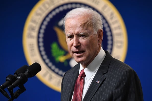 US President Joe Biden speaks about the situation in Myanmar in the South Court Auditorium of the Eisenhower Executive Office Building in Washington