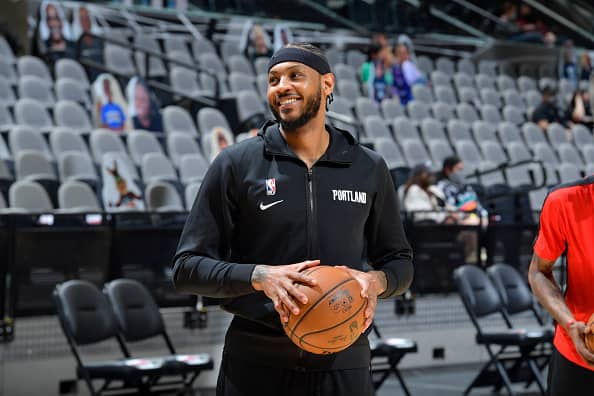 Carmelo Anthony #00 of the Portland Trail Blazers smiles before the game against the San Antonio Spurs on April 16