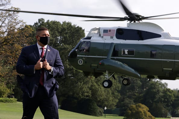 A U.S. Secret Service agent stands guard as Marine One