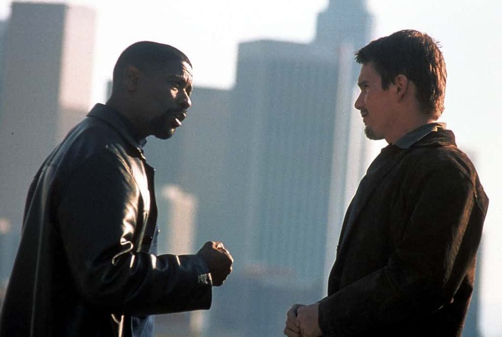 Denzel Washington and Ethan Hawke on the set of Training Day