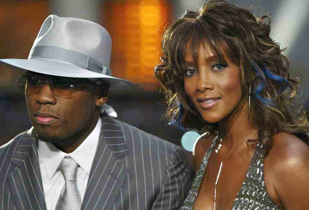 50 Cent and Vivica Fox during the pre-show interviews on the MTV News Platform at the 2003 MTV Video Music Awards