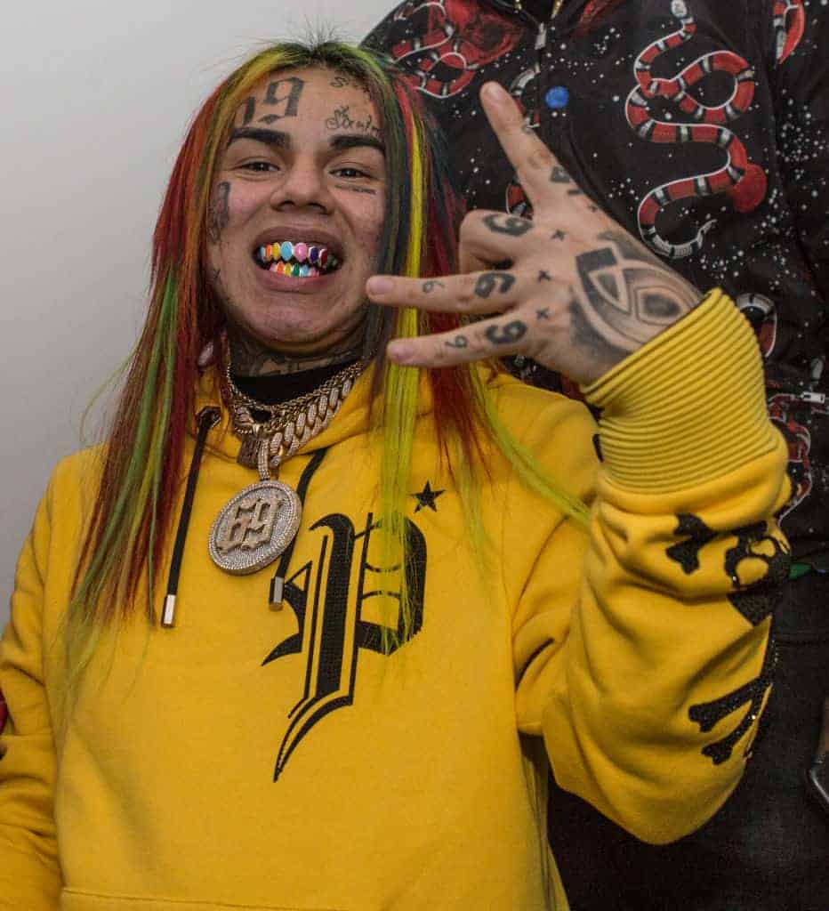 6ix9ine backstage at The Philipp Plein Fashion show at Duggal Greenhouse on February 10