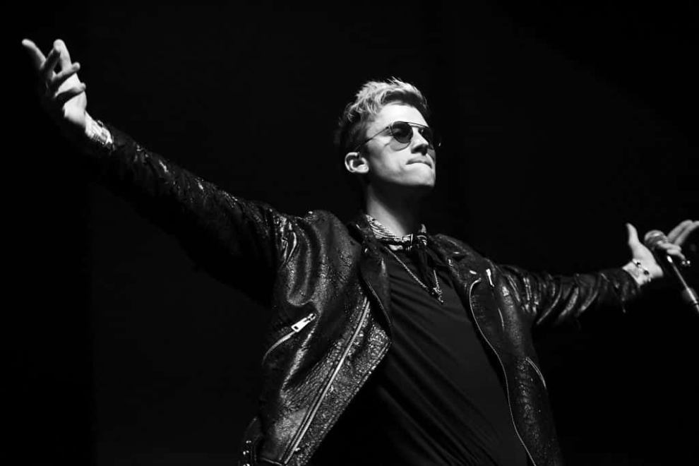 MGK performing (black and white photo)