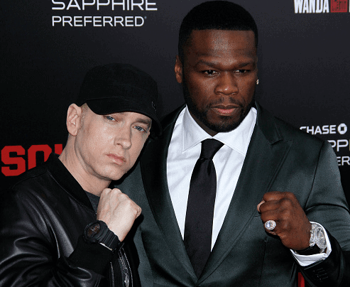 Eminem and 50 Cent attend the "Southpaw" New York premiere at AMC Loews Lincoln Square on July 20