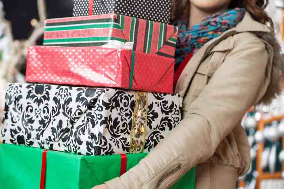 holiday shopping pile of gifts