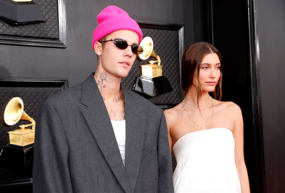Justin Bieber and Hailey Bieber attend the 64th Annual GRAMMY Awards at MGM Grand Garden Arena on April 03, 2022 in Las Vegas, Nevada.