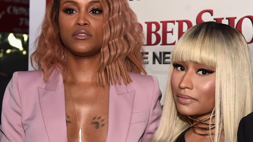 Actors Eve and Nicki Minaj attends the premiere of New Line Cinema's "Barbershop: The Next Cut" at the TCL Chinese Theatre IMAX on April 6, 2016 in Hollywood, California.