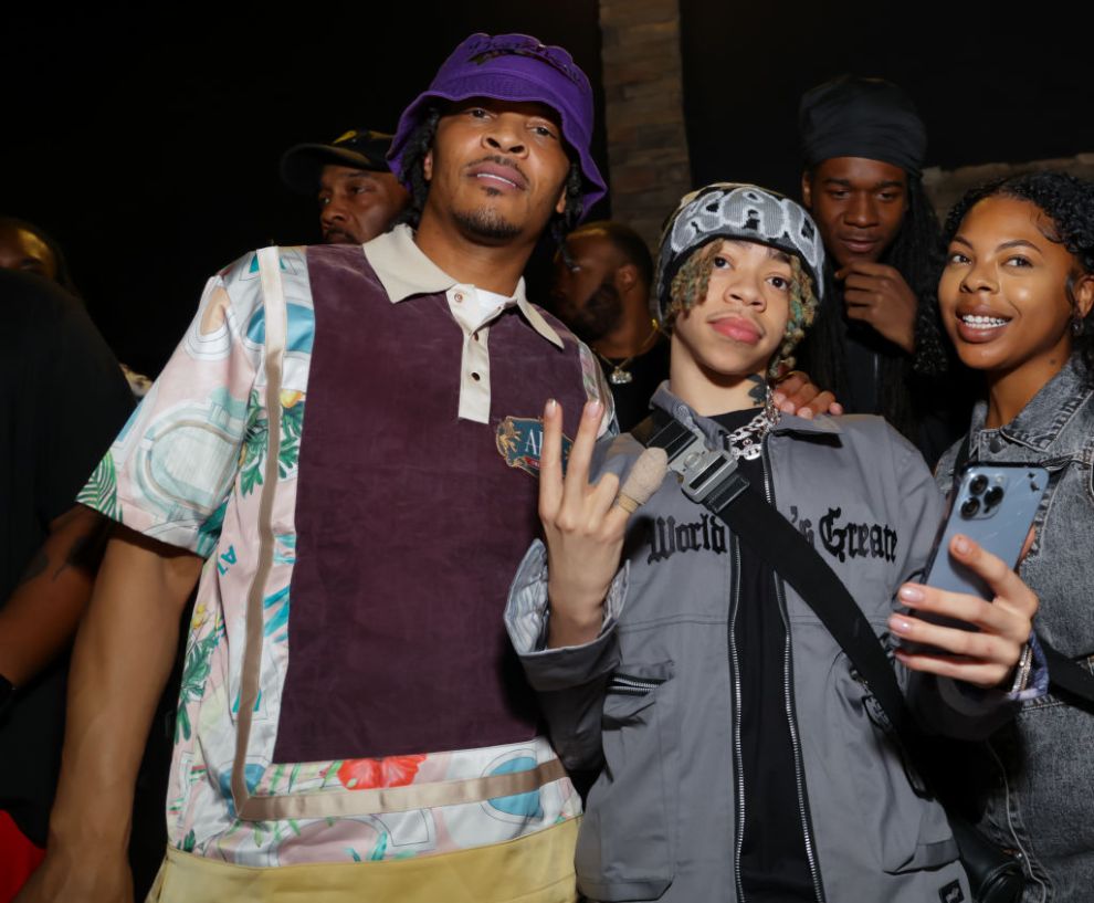 Rapper T.I. (Clifford Joseph Harris Jr.) and Rapper King Harris attend Trapper Of The Year Future Art Unveiling at Trap Music Museum on June 08, 2023 in Atlanta, Georgia.