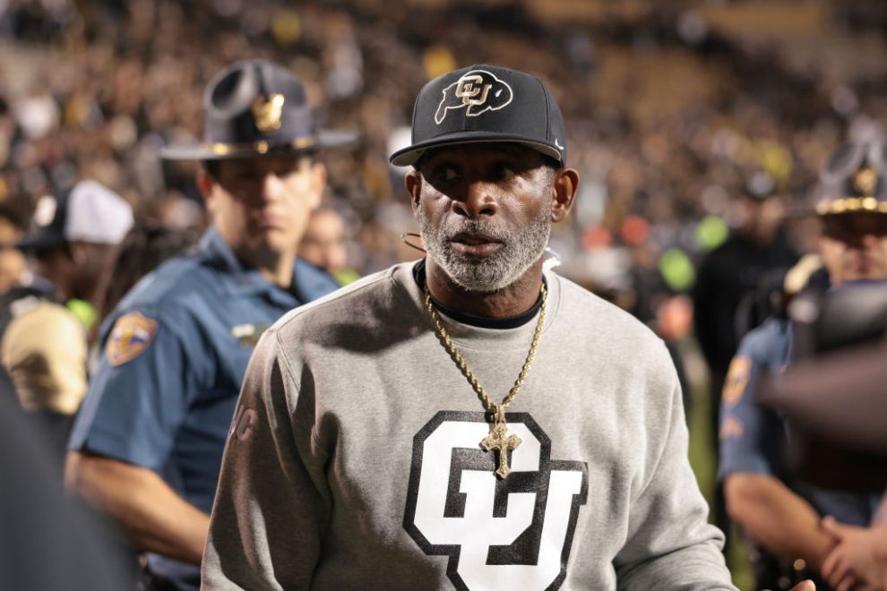 Head coach Deion Sanders of the Colorado Buffaloes walks off the field after defeating the Cincinnati Bearcats at Folsom Field on October 26, 2024 in Boulder, Colorado.