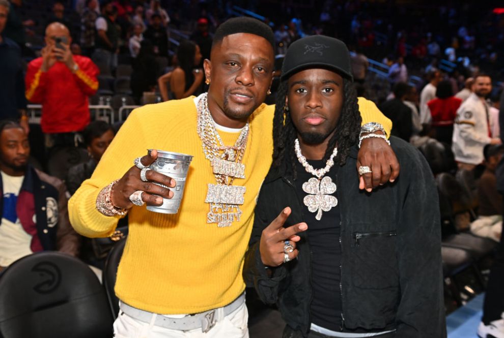 ATLANTA, GEORGIA - JANUARY 30: Boosie Badazz and Kai Cenat attend the game between Los Angeles Lakers and the Atlanta Hawks at State Farm Arena on January 30, 2024 in Atlanta, Georgia.