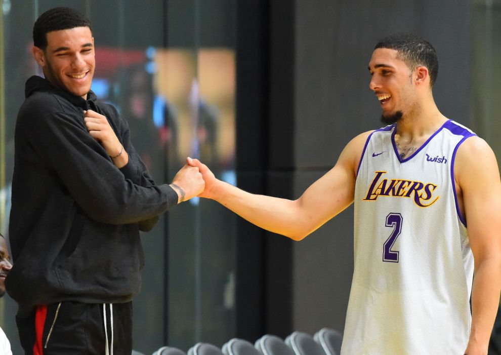 LOS ANGELES, CA - MAY 29: Lonzo Ball #1 of the Los Angeles Lakers greets his brother LiAngelo Ball #2 after he completed his NBA Pre-Draft Workout with the Los Angeles Lakers on May 29, 2018 in Los Angeles, California.