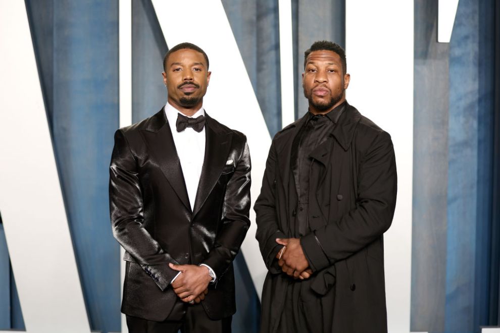 Michael B. Jordan and Jonathan Majors attend the 2022 Vanity Fair Oscar Party hosted by Radhika Jones at Wallis Annenberg Center for the Performing Arts on March 27, 2022 in Beverly Hills, California.