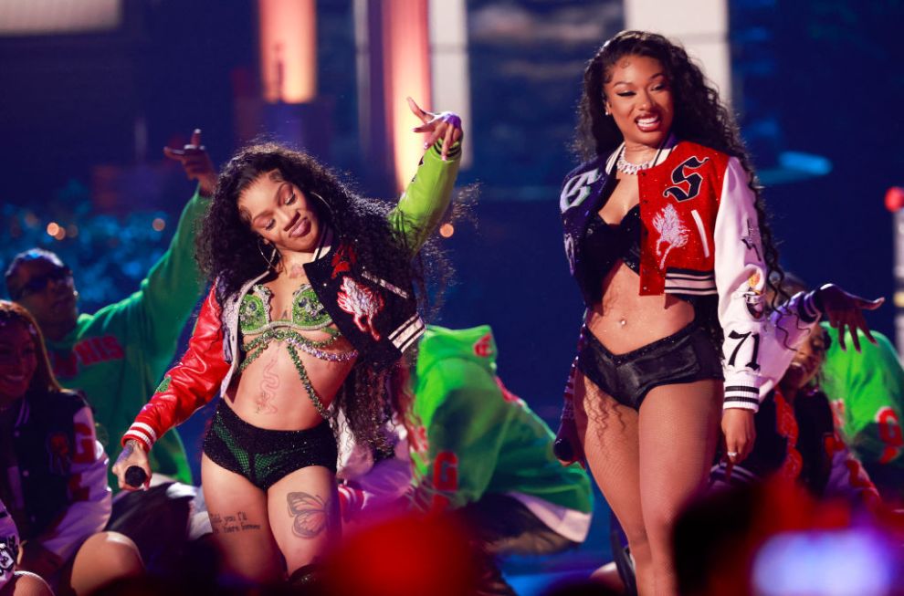 Thee Stallion (R) perform on stage during the 2024 BET Awards at the Peacock theatre in Los Angeles, June 30, 2024.