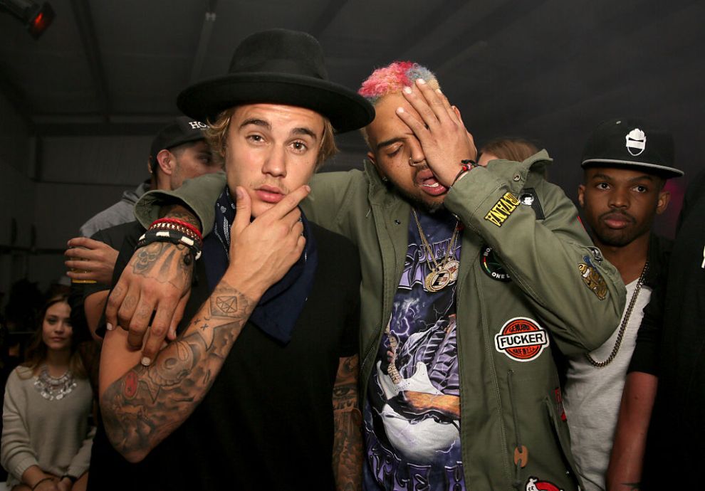 BERMUDA DUNES, CA - APRIL 10: Singers Justin Bieber and Chris Brown attends the NYLON Midnight Garden Party at a private residence on April 10, 2015 in Bermuda Dunes, California.