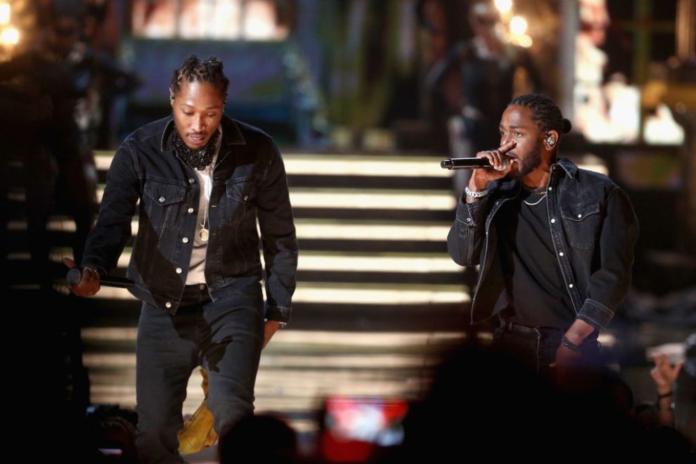 LOS ANGELES, CA - JUNE 25: Future (L) and Kendrick Lamar preform onstage at 2017 BET Awards at Microsoft Theater on June 25, 2017 in Los Angeles, California.