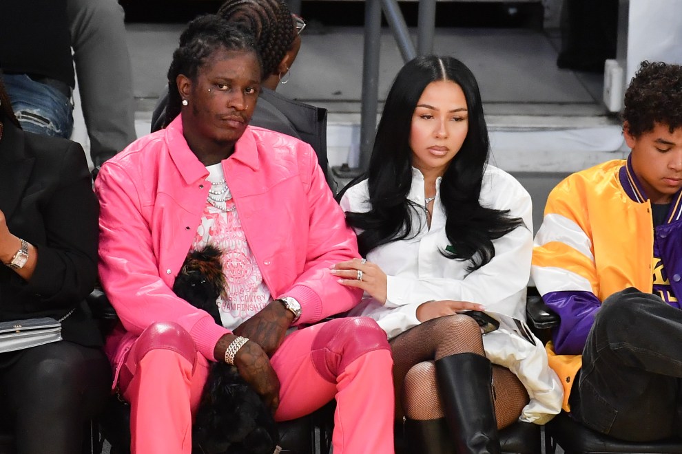 Young Thug and Mariah the Scientist attend a basketball game between the Los Angeles Lakers and the Golden State Warriors at Crypto.com Arena on April 03, 2025 in Los Angeles, California. NOTE TO USER: User expressly acknowledges and agrees that, by downloading and or using this photograph, User is consenting to the terms and conditions of the Getty Images License Agreement.