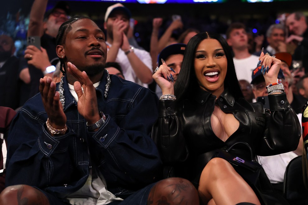 NFL Player Stefon Diggs and rapper Cardi B sits court-side during the first quarter in Game Four of the Eastern Conference Second Round NBA Playoffs between the Boston Celtics and the New York Knicks at Madison Square Garden on May 12, 2025 in New York City. NOTE TO USER: User expressly acknowledges and agrees that, by downloading and or using this photograph, User is consenting to the terms and conditions of the Getty Images License Agreement.